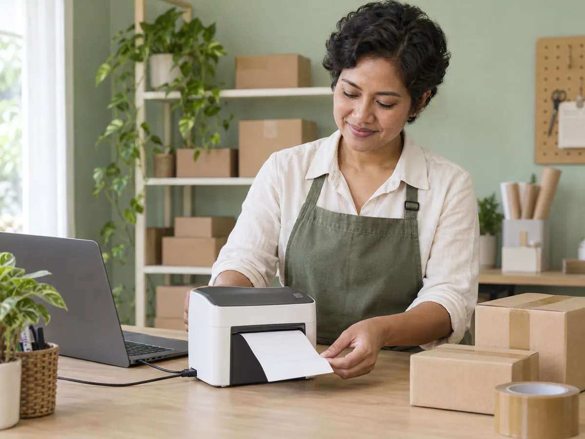 Business owner printing a shipping label with a thermal printer connected to a laptop