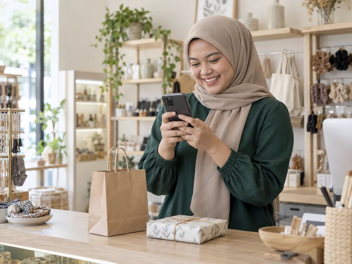 Pemilik toko menggunakan ponsel di meja kasir