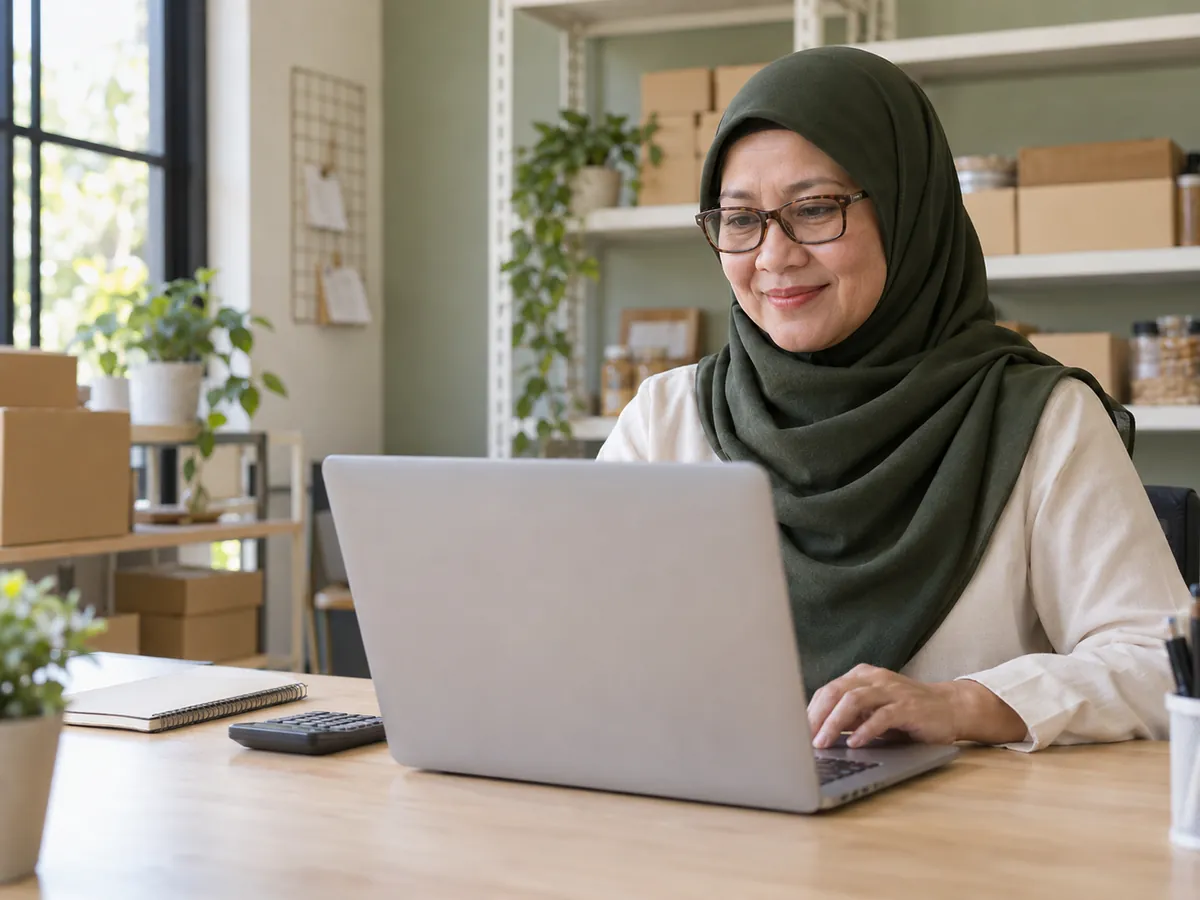 Pemilik usaha meninjau pekerjaan melalui laptop