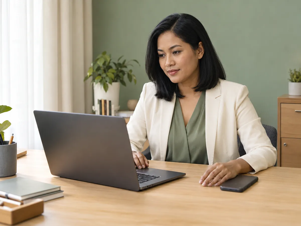 Business owner at an organized desk with a laptop and phone