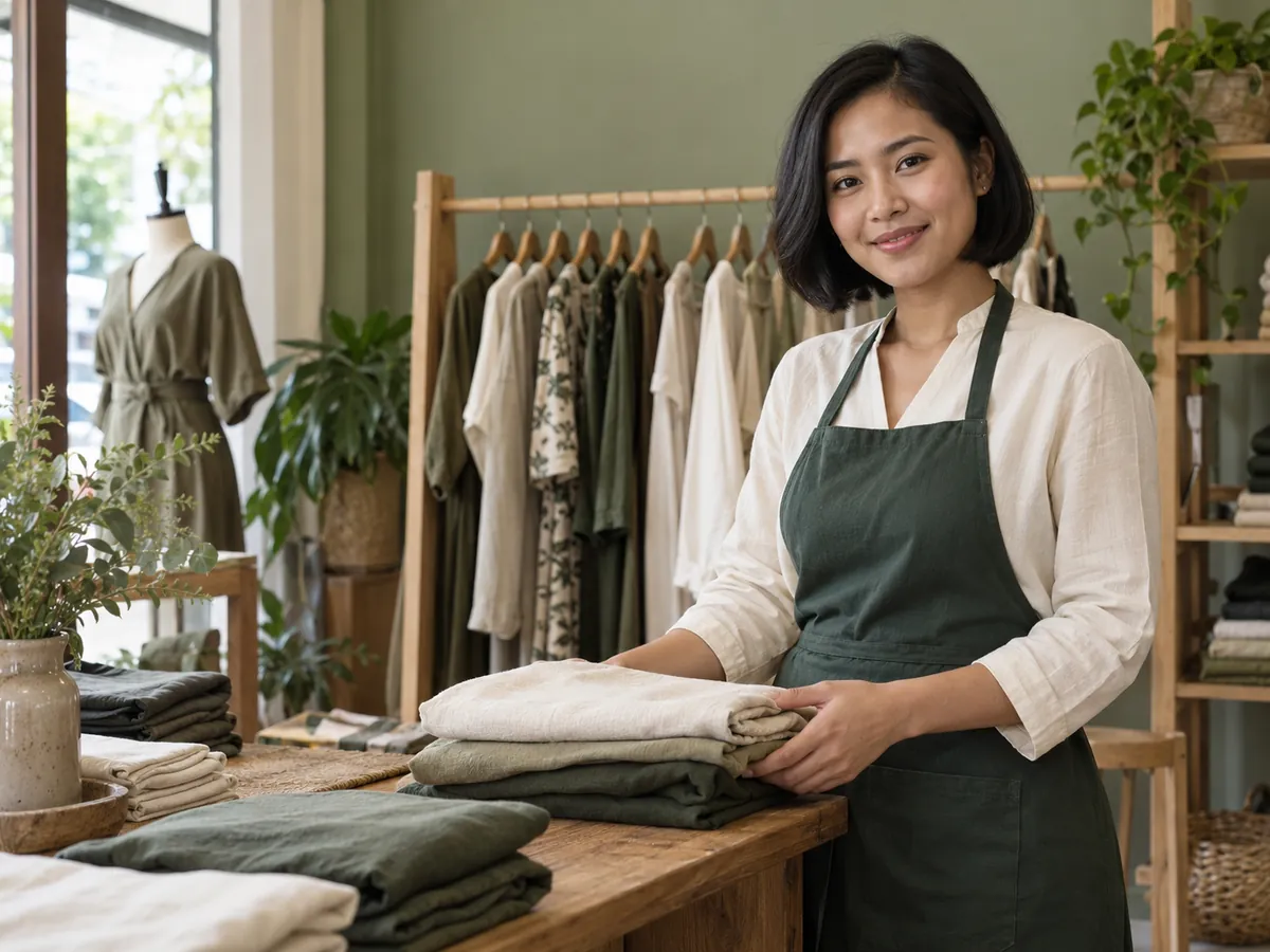 Shop owner arranging folded clothes in a boutique