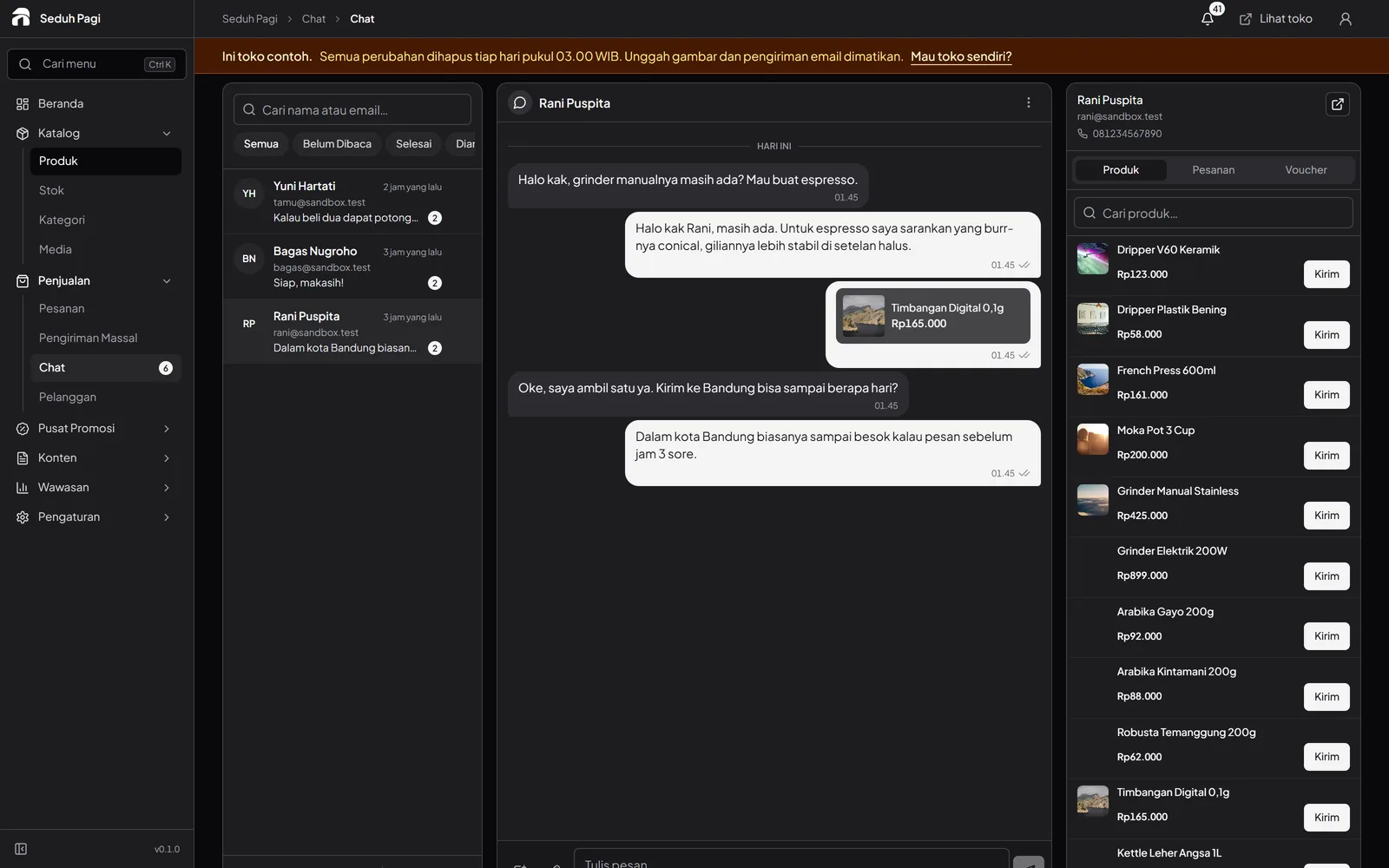 Customer chat workspace with a product attachment, reply composer, and customer context.