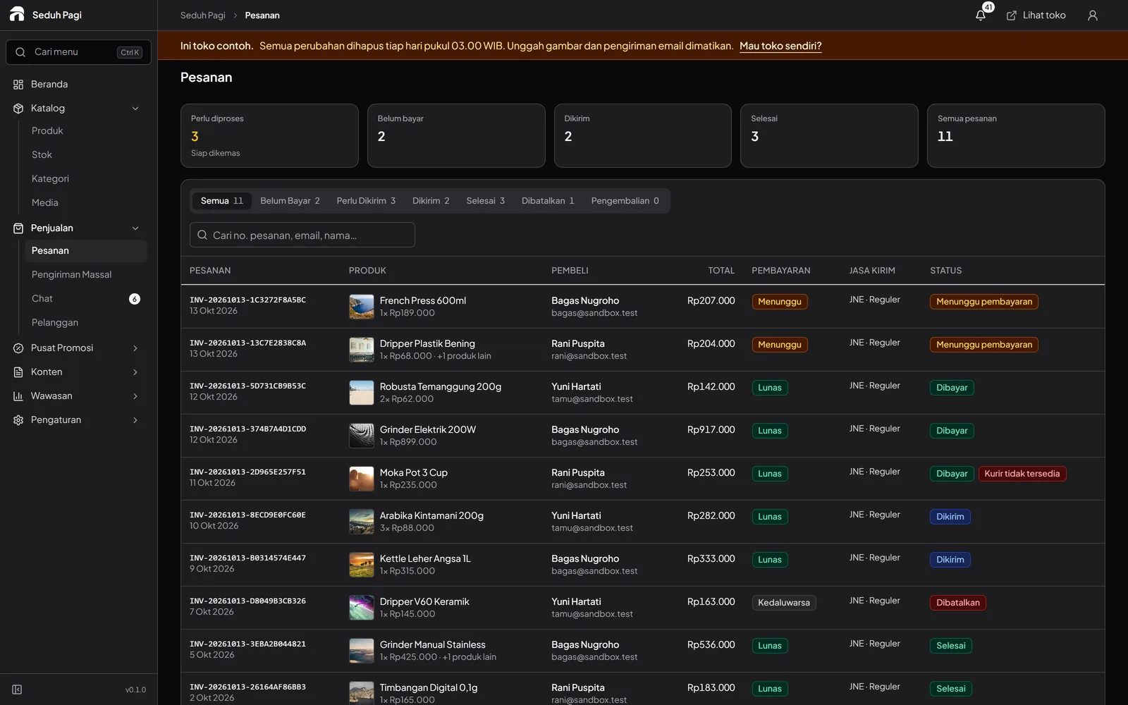 Order management table with status tabs, buyer details, totals, and shipping information.