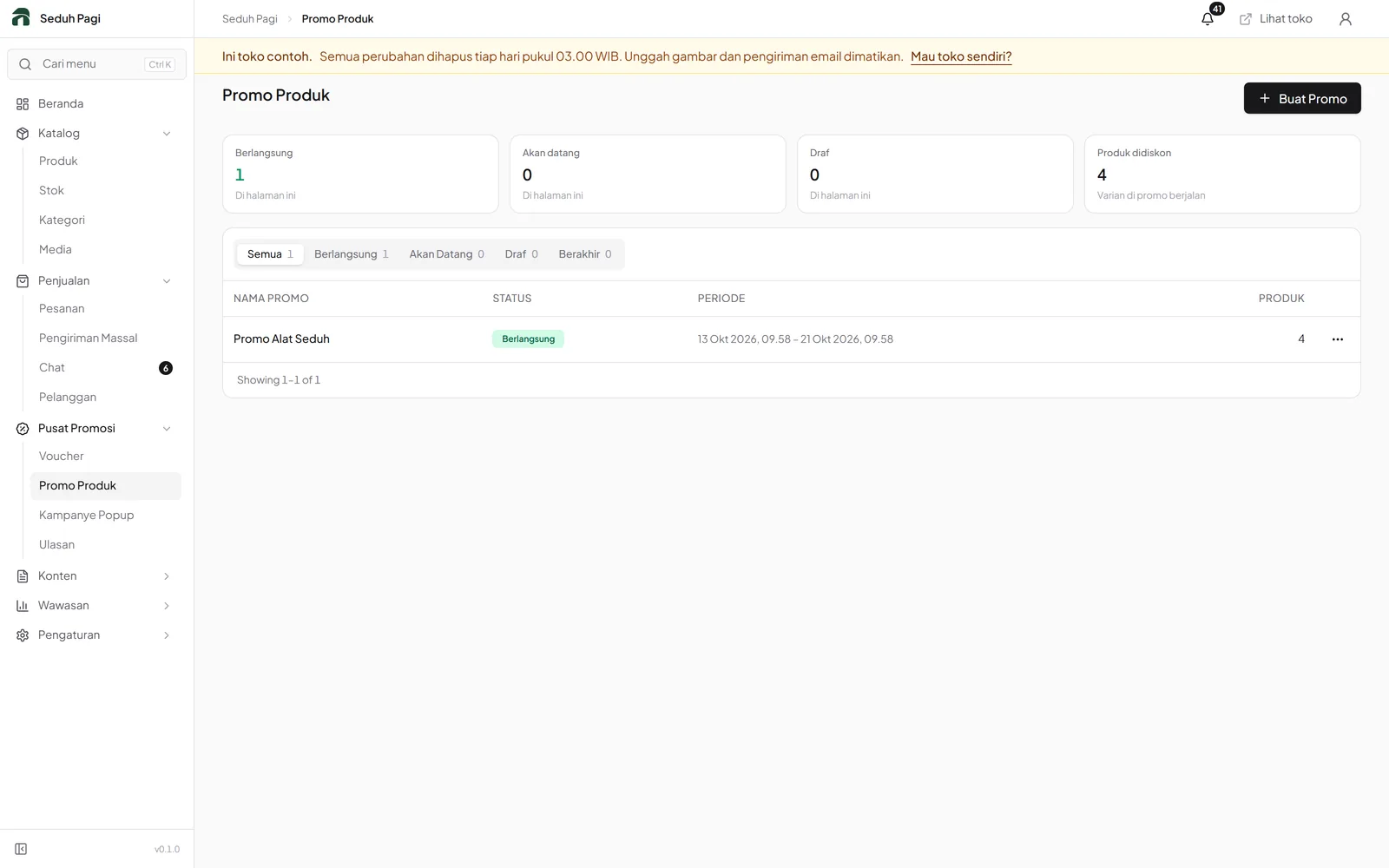 Product promotion list with campaign dates and status information.