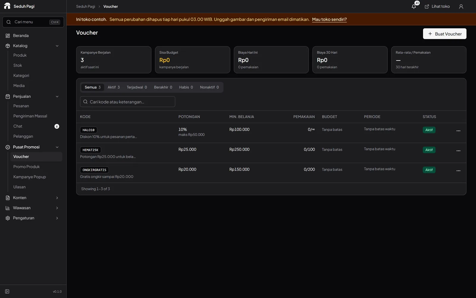 Voucher list showing discount codes, minimum spend, usage limits, and validity periods.
