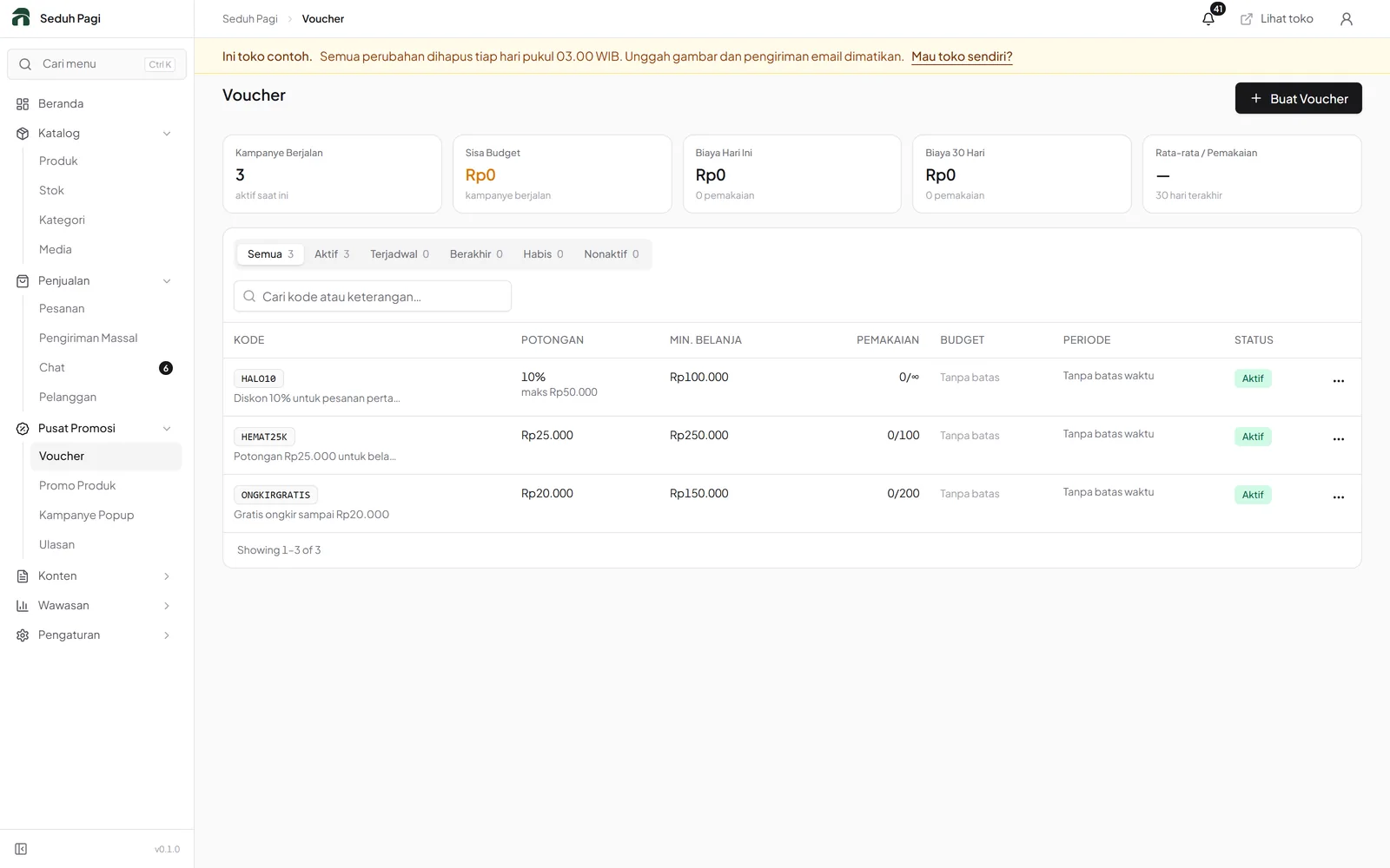 Voucher list showing discount codes, minimum spend, usage limits, and validity periods.
