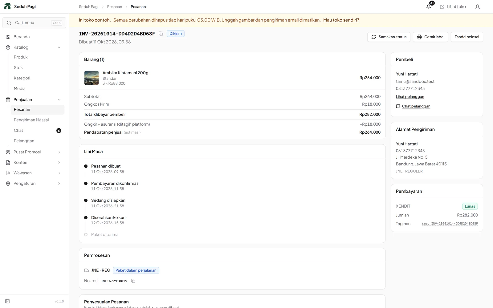 Order details with items, buyer information, payment state, and shipment history.