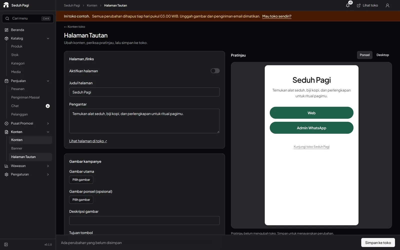 Link page editor with a title and introduction form beside a live preview of store links.