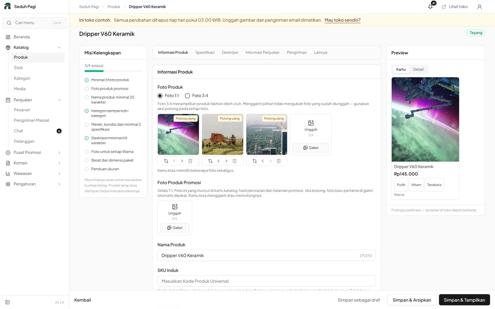 Product editor with completion checklist, product details, and a live storefront card preview.