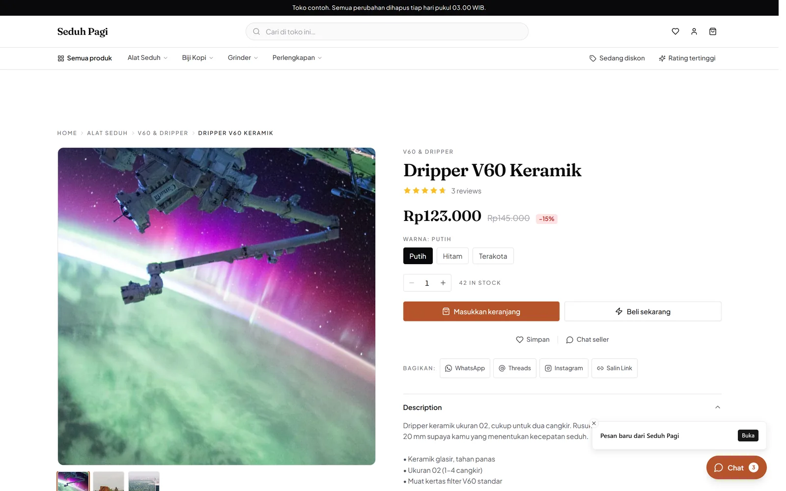 Demo product page with image gallery, price, variant selection, and purchase controls.