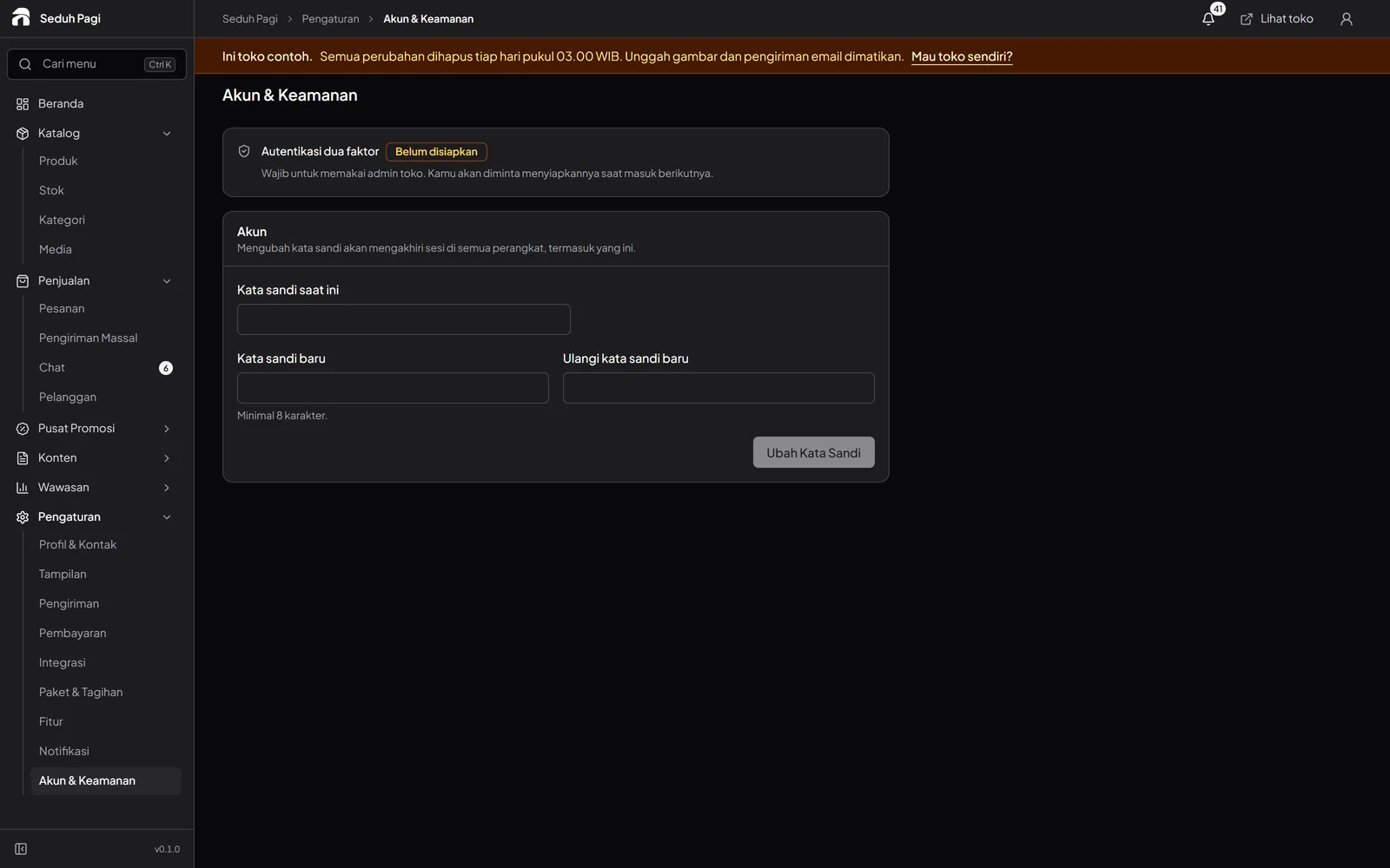Admin account settings with two-step verification status and password controls.