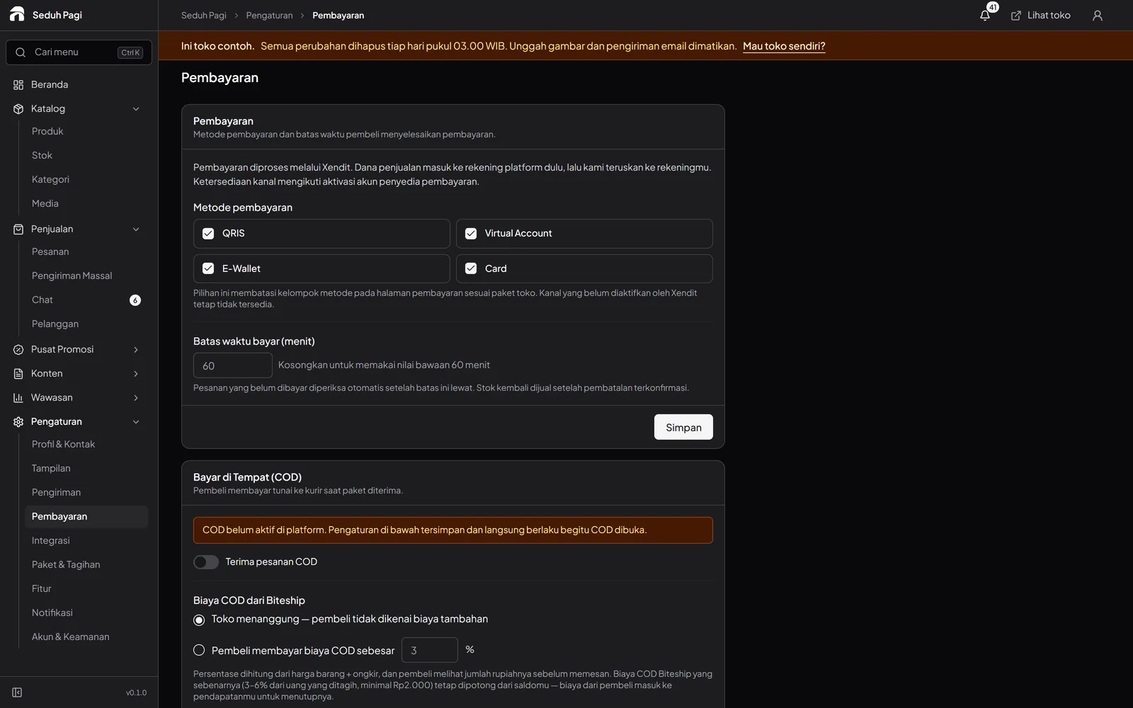 Store payment settings with payment methods and the order payment deadline.