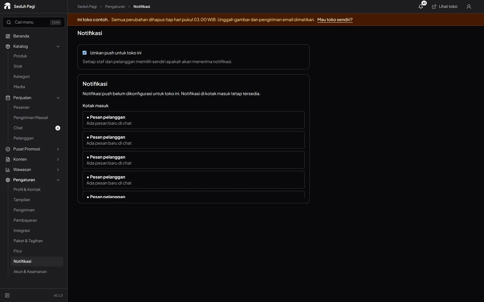 Store notification settings and device-level push permission controls.