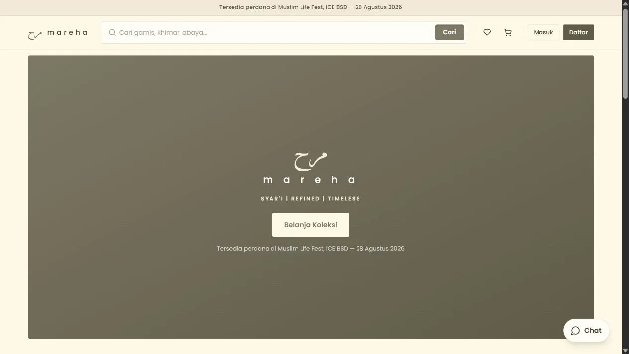 Mareha homepage with an ivory background, clothing search, its logo on an olive banner, and a shop collection button.